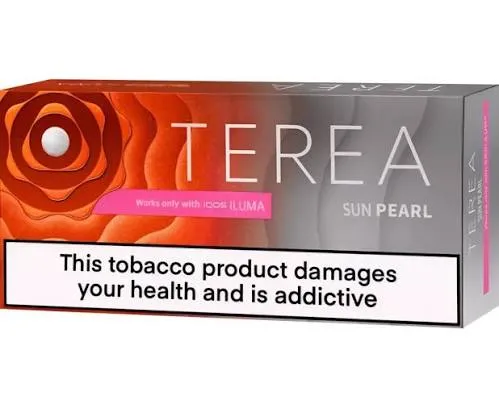 TEREA Sun Pearl karton kutusu, kırmızı turuncu ambalaj, kapsüllü çeşit